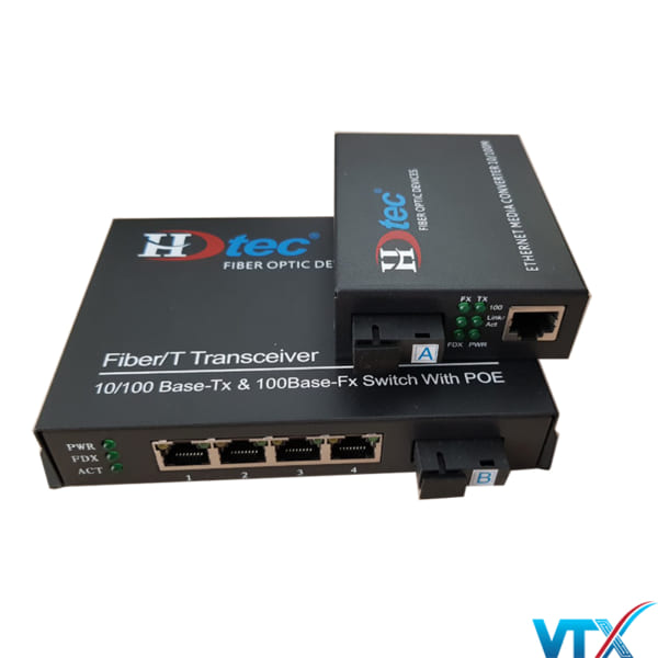 Converter quang 1 sợi+4 POE 100M