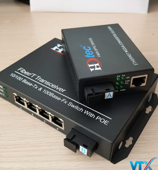 Converter quang 1 sợi+4 POE 100M