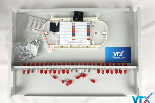 Hộp phối quang ODF 24FO chuẩn ST (tròn gài) loại lắp rack, vỏ sắt sơn tĩnh điện màu trắng, dây hàn tùy chọn SM hoặc MM