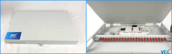 Hộp phối quang ODF 24FO chuẩn ST (tròn gài) loại lắp rack, vỏ sắt sơn tĩnh điện màu trắng, dây hàn tùy chọn SM hoặc MM