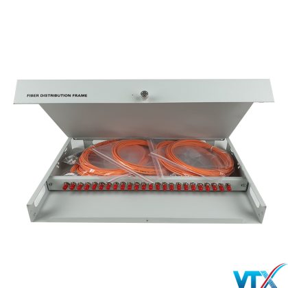 Hộp phối quang ODF 24FO chuẩn ST (tròn gài) loại lắp rack, vỏ sắt sơn tĩnh điện màu trắng, dây hàn tùy chọn SM hoặc MM