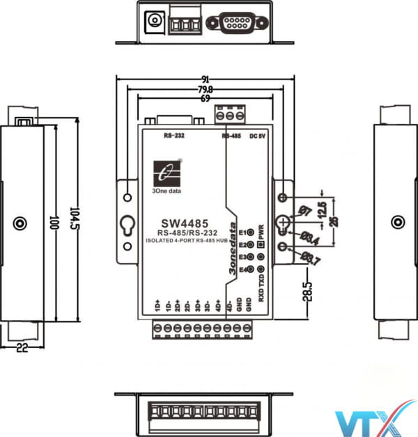 Bộ chuyển đổi RS232/485 sang 4 cổng RS485 3Onedata SW4485
