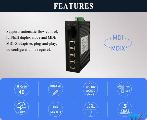 Switch công nghiệp Upcom 4 port RJ45 + 1 port SC | PN:IES405-F