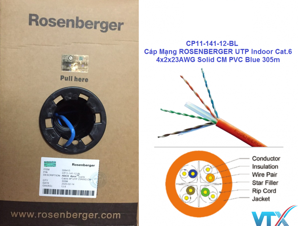Cáp mạng Cat6 UTP Indoor Rosenberger PN: CP11-141-12-BL