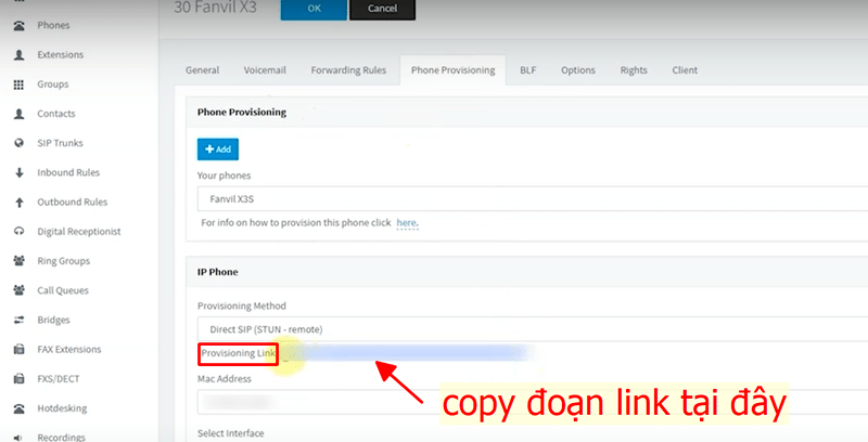 Copy provisioning link trong 3CX