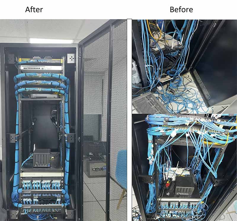 trước và sau khi sắp xếp các thiết bị mạng trong tủ rack