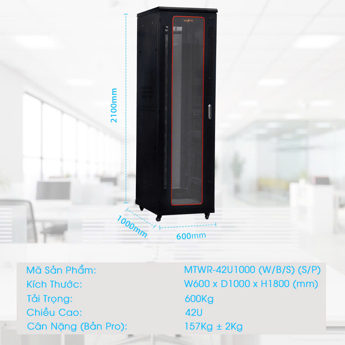 Các thông số kích thước tủ rack 42UD1000 Maxtel