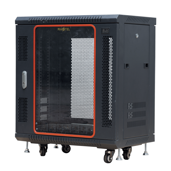 Ảnh chụp mặt trước góc nghiêng trái tủ rack 12U Maxtel