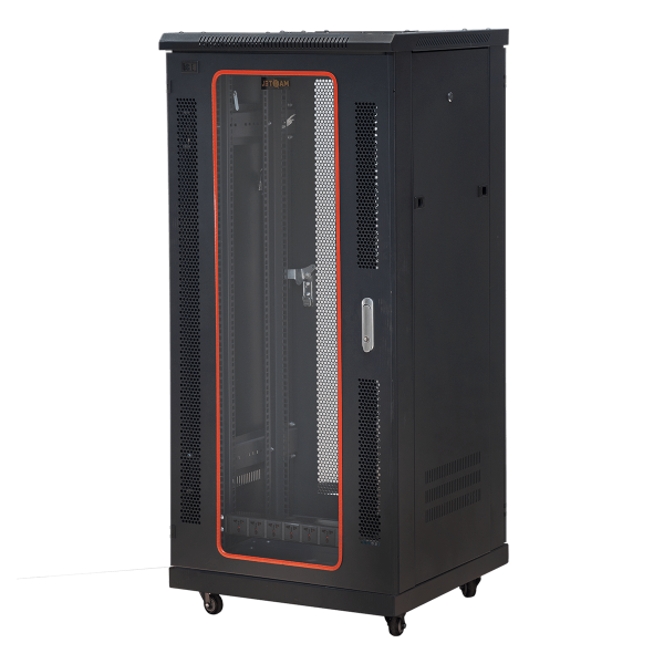 Ảnh chụp góc nghiêng trái mặt trước tủ rack 27U maxtel