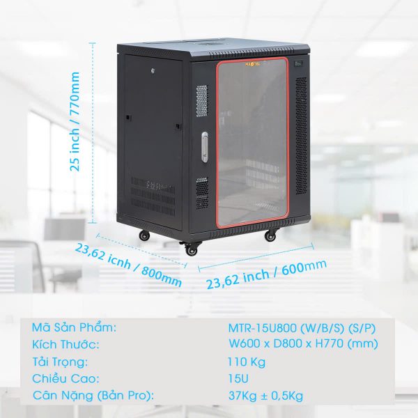 Chi tiết kích thước của tủ rack Maxtel 15UD800
