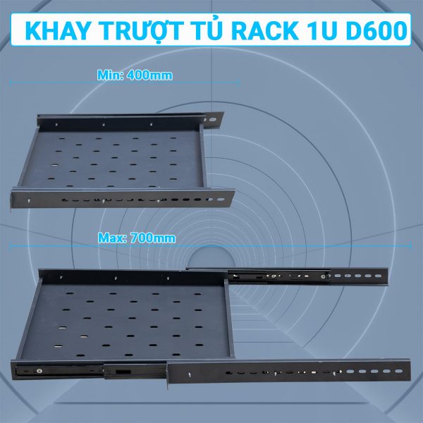 Chi tiết kish thước Min, Max của khay trượt tủ rack 1UD600 Maxtel