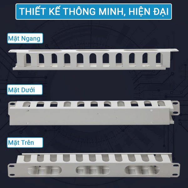 Ảnh chụp các mặt của thanh quản lý cáp 1u chuẩn 19inch